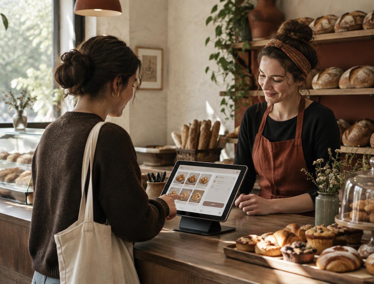 A bakery customer ordering from a tablet at the counter