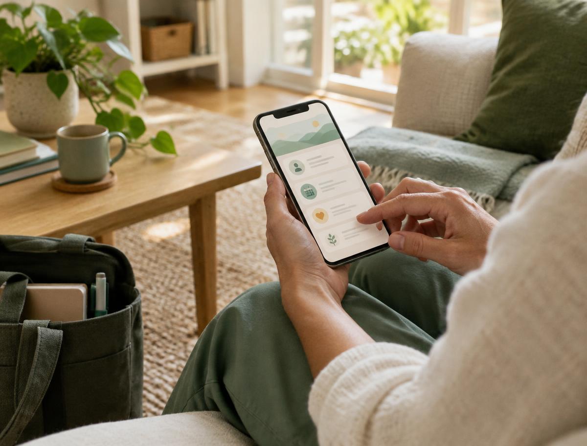 A care worker using a mobile app in a warm home setting